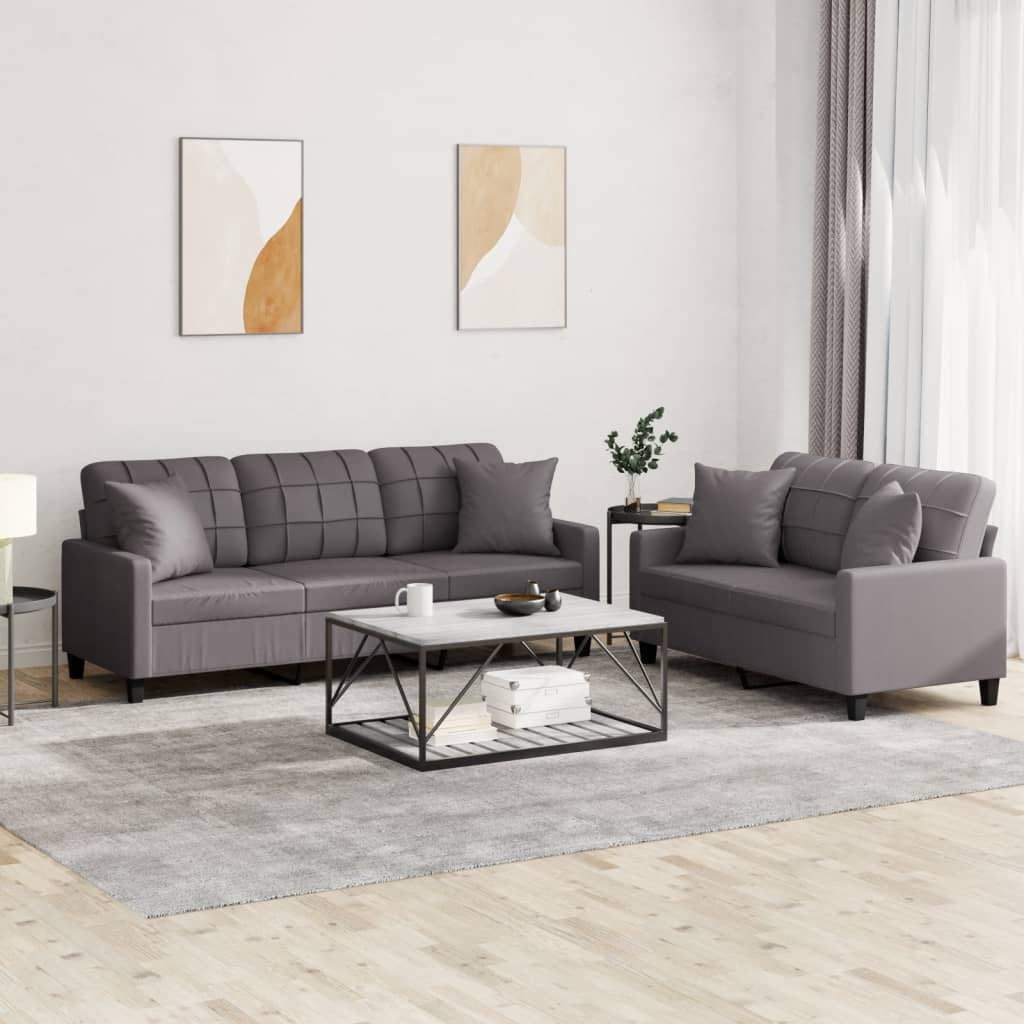 vidaXL Set de canapele cu perne, 2 piese, gri, piele ecologică vidaXL Set de canapele cu perne, 2 piese, gri, piele ecologică