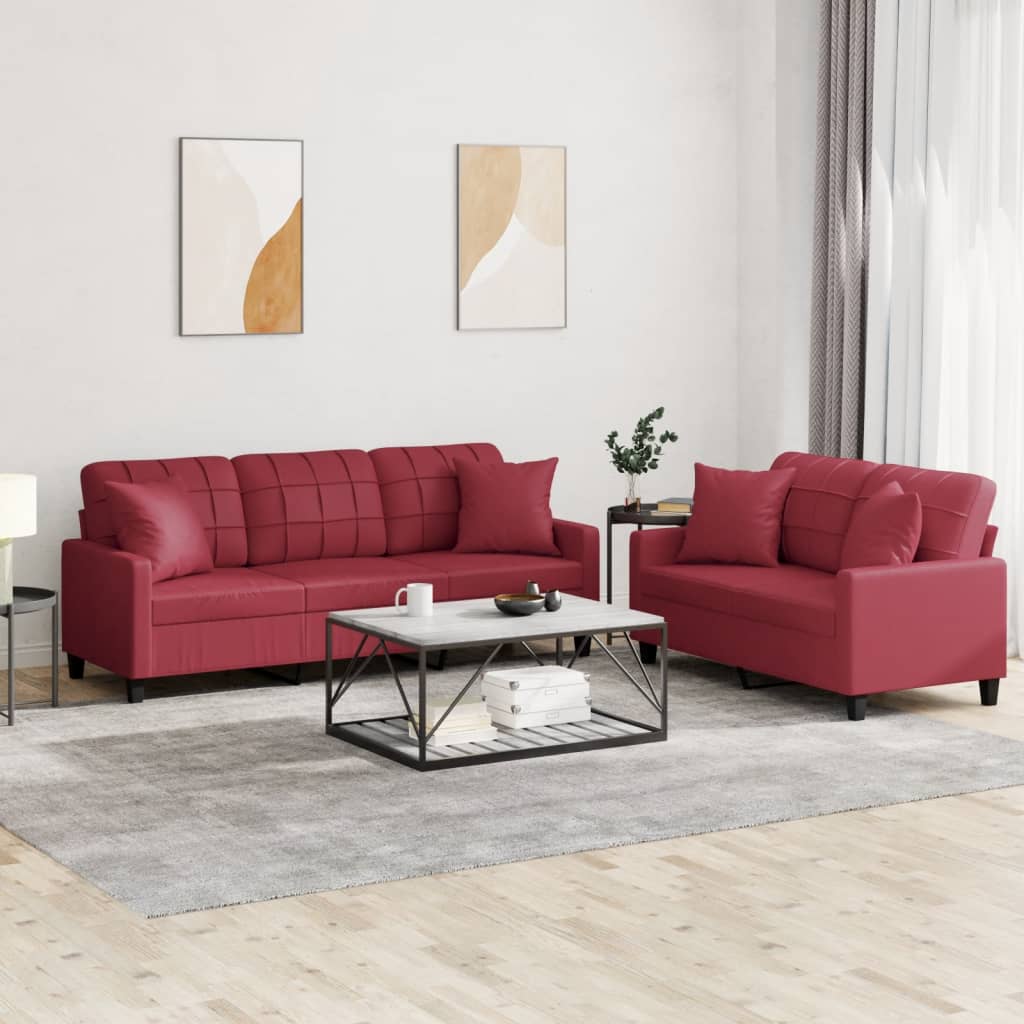 vidaXL Set de canapele cu perne, 2 piese, roșu vin, piele ecologică vidaXL Set de canapele cu perne, 2 piese, roșu vin, piele ecologică
