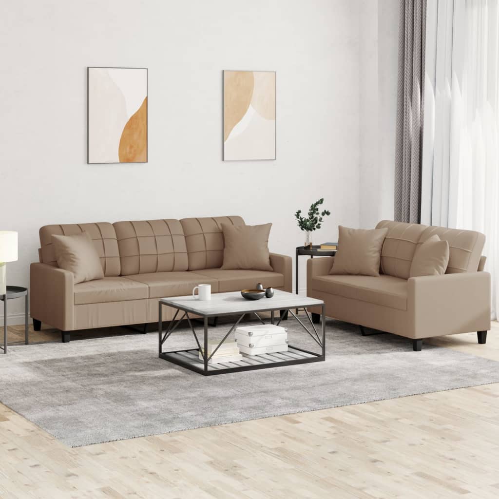 vidaXL Set de canapele cu perne, 2 piese, cappuccino, piele ecologică vidaXL Set de canapele cu perne, 2 piese, cappuccino, piele ecologică