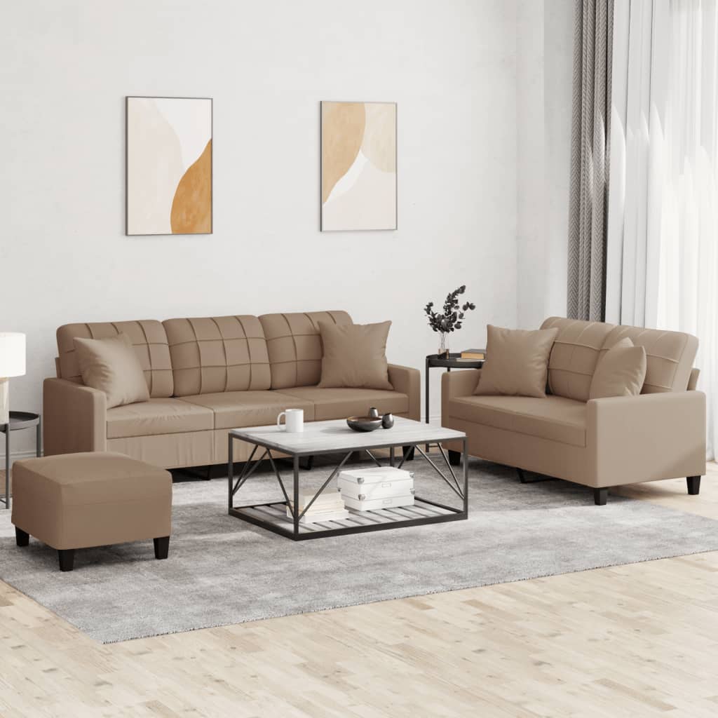 vidaXL Set de canapele cu perne, 3 piese, cappuccino, piele ecologică vidaXL Set de canapele cu perne, 3 piese, cappuccino, piele ecologică