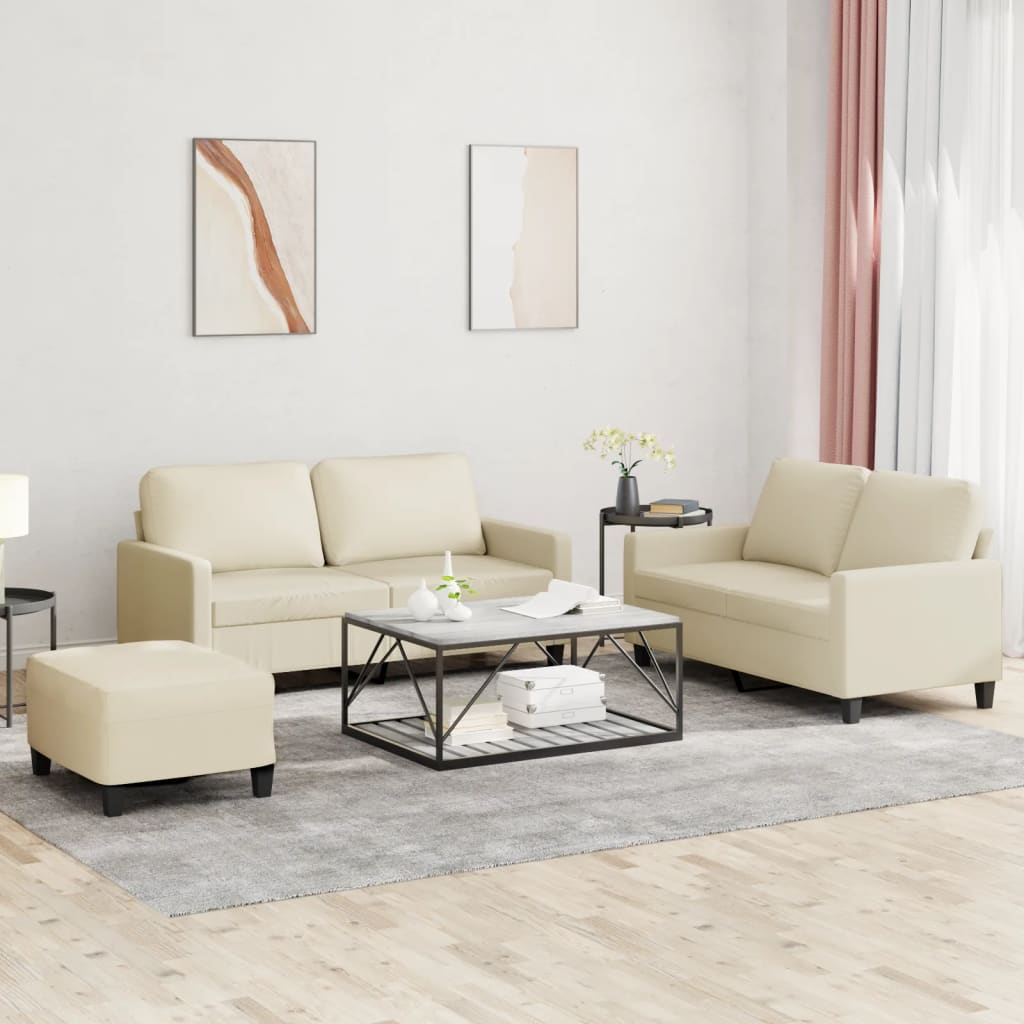 vidaXL Set de canapele cu perne, 3 piese, crem, piele ecologică vidaXL Set de canapele cu perne, 3 piese, crem, piele ecologică