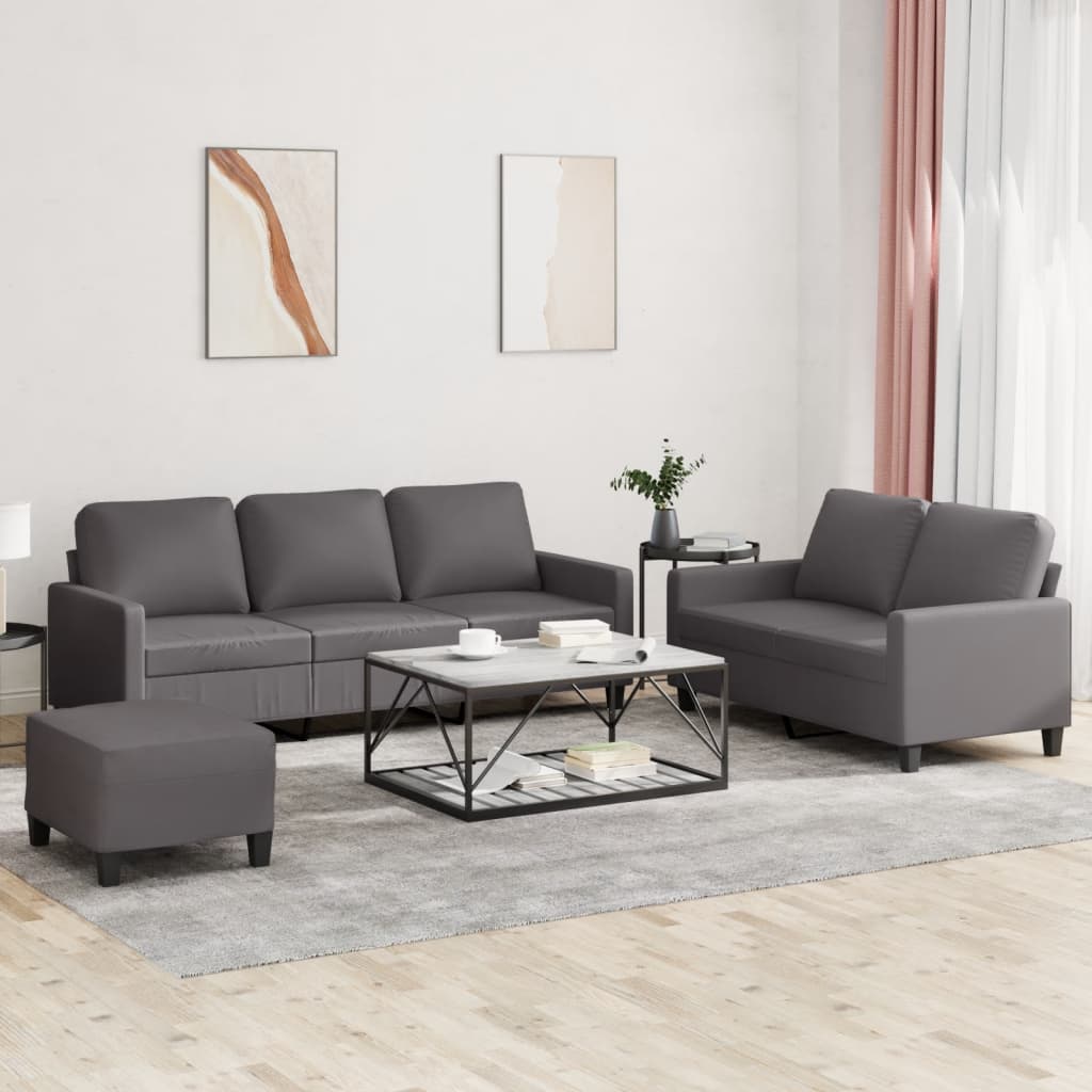 vidaXL Set de canapele cu perne, 3 piese, gri, piele ecologică vidaXL Set de canapele cu perne, 3 piese, gri, piele ecologică
