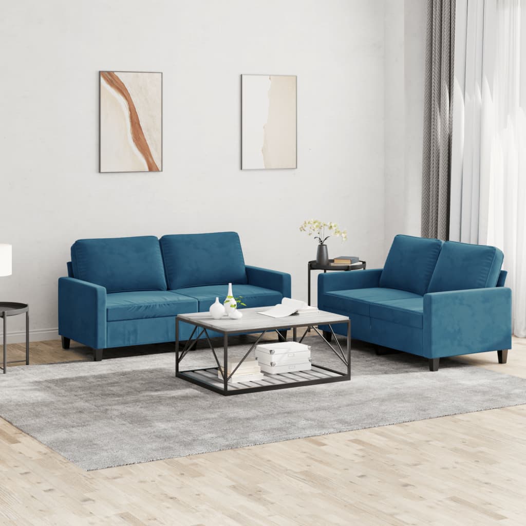 vidaXL Set de canapele cu perne, 2 piese, albastru, catifea vidaXL Set de canapele cu perne, 2 piese, albastru, catifea