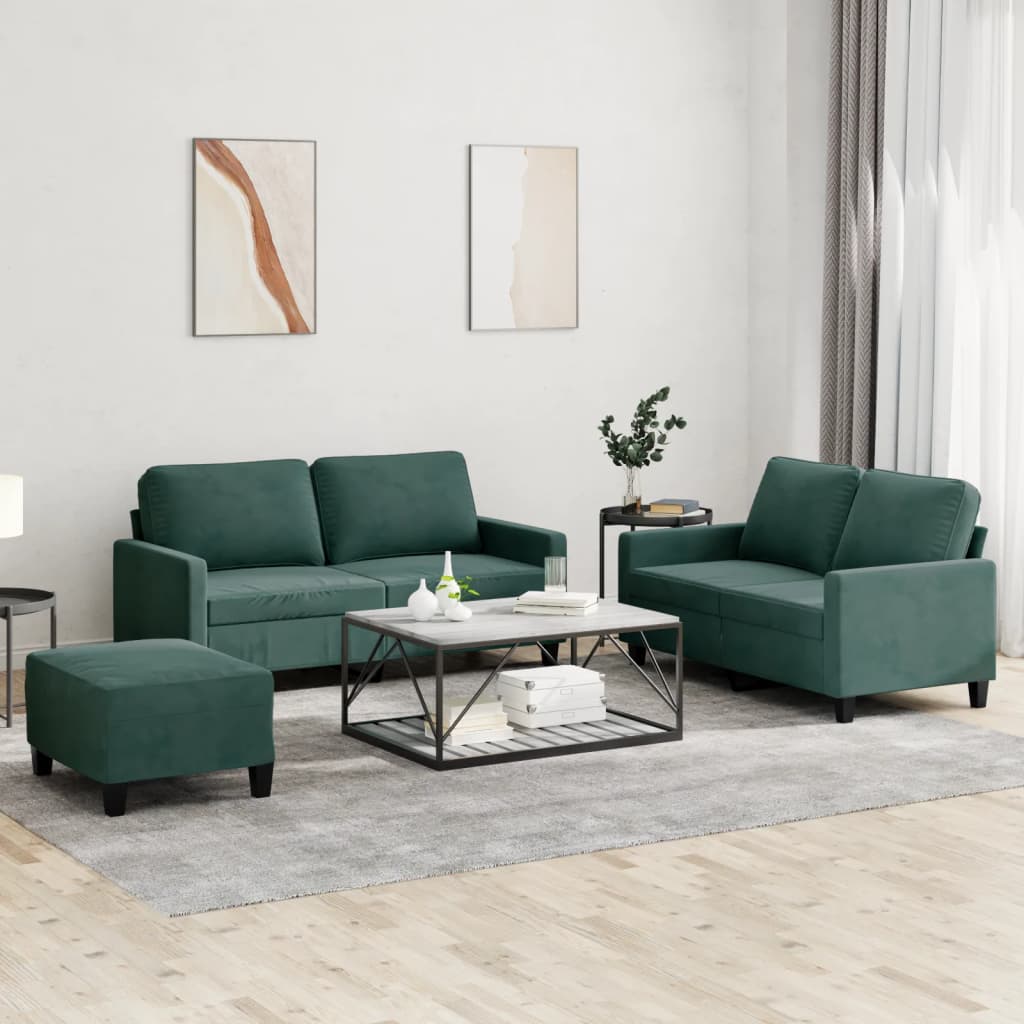 vidaXL Set de canapele cu perne, 3 piese, verde închis, catifea vidaXL Set de canapele cu perne, 3 piese, verde închis, catifea