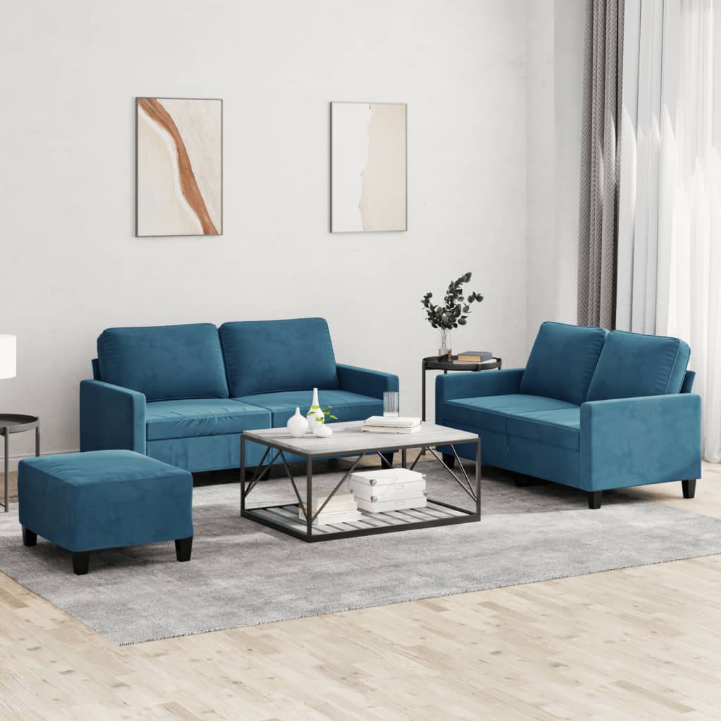 vidaXL Set de canapele cu perne, 3 piese, albastru, catifea vidaXL Set de canapele cu perne, 3 piese, albastru, catifea
