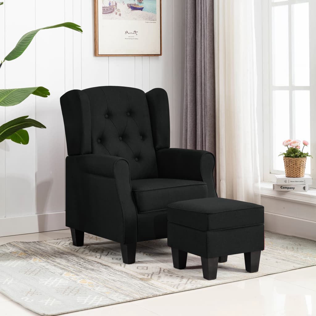 vidaXL Fotoliu cu taburet pentru picioare, negru, material textil vidaXL Fotoliu cu taburet pentru picioare, negru, material textil