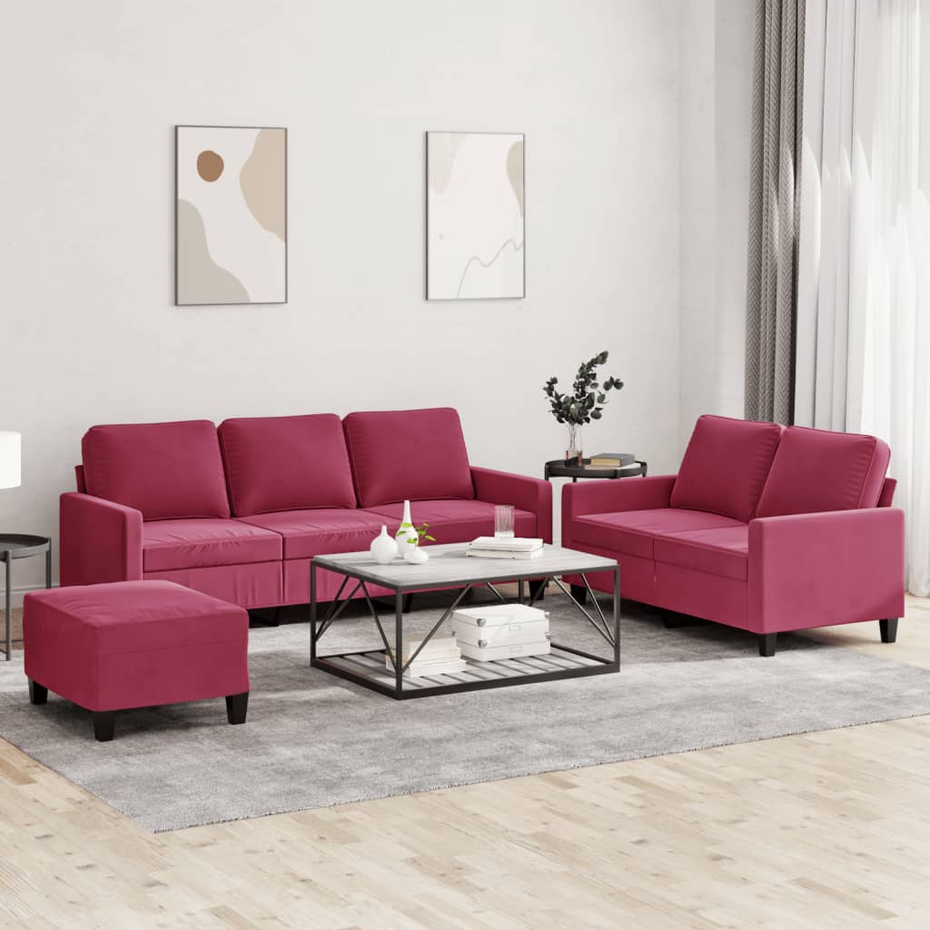vidaXL Set canapea cu perne, 3 piese, roșu vin, catifea