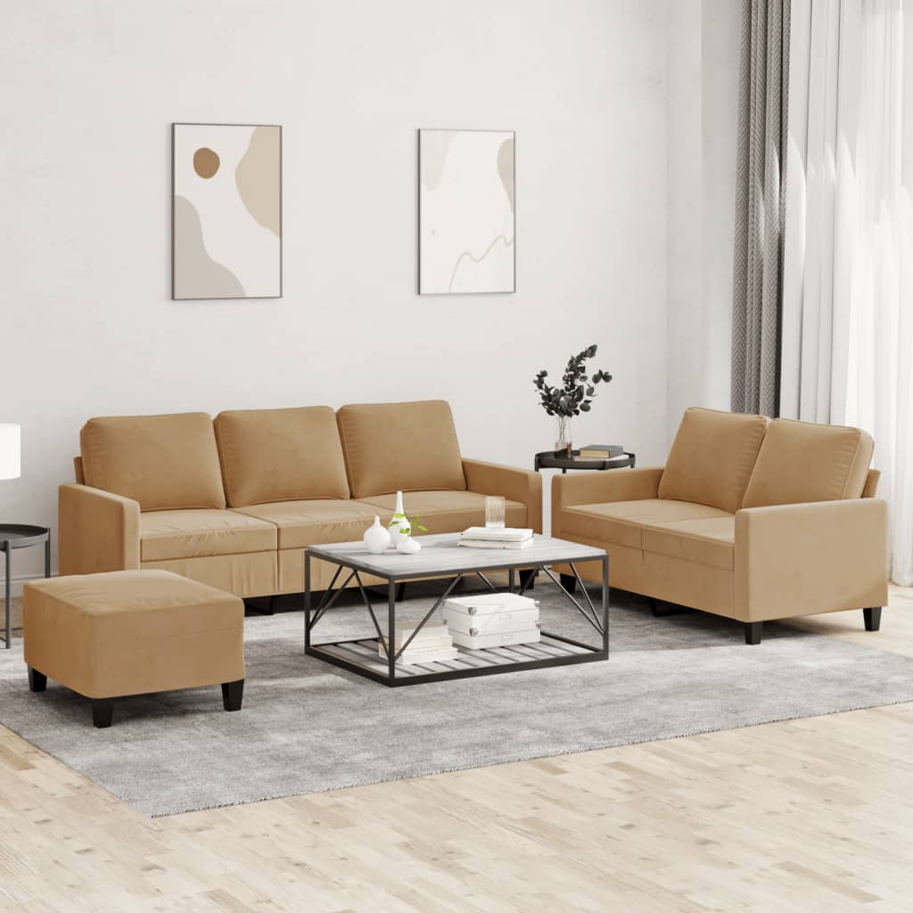 vidaXL Set de canapele cu perne, 3 piese, maro, catifea vidaXL Set de canapele cu perne, 3 piese, maro, catifea