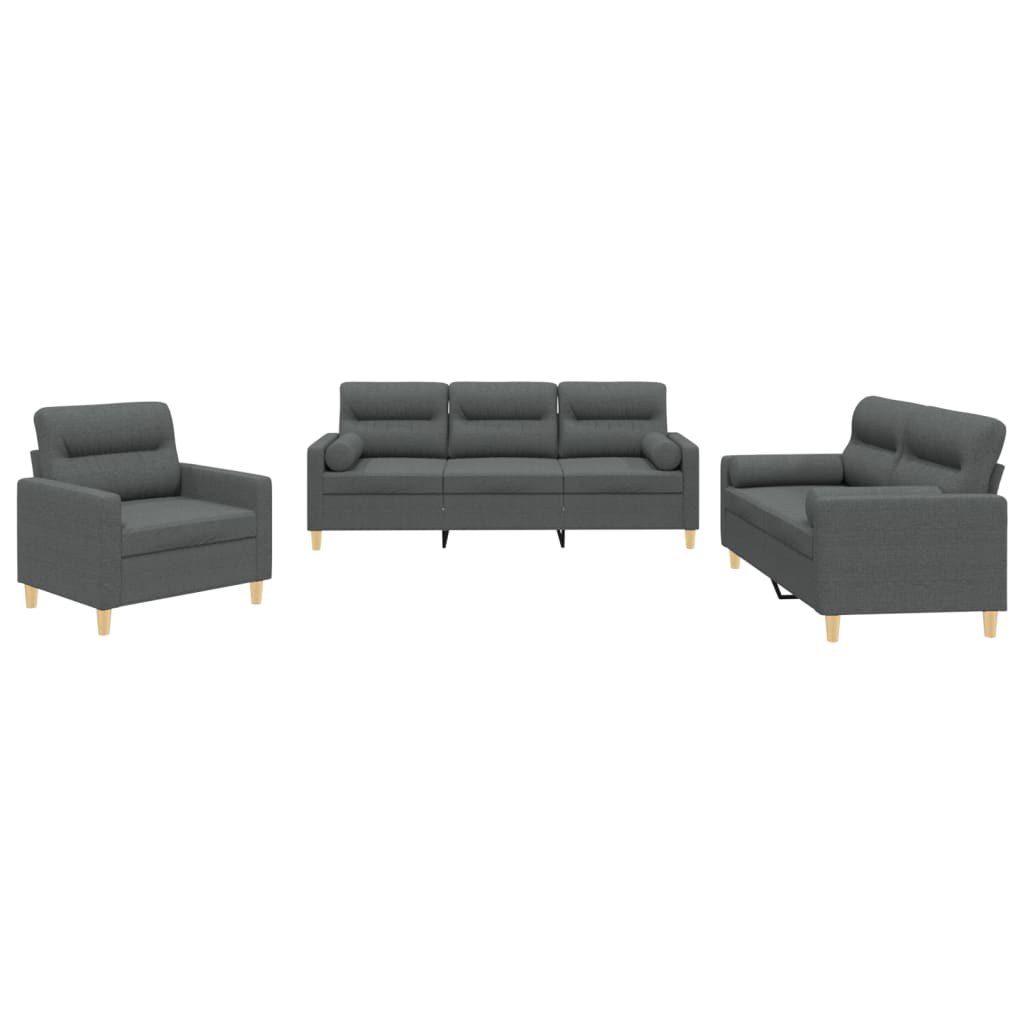 vidaXL Set de canapele cu perne, 3 piese, gri închis, textil vidaXL Set de canapele cu perne, 3 piese, gri închis, textil