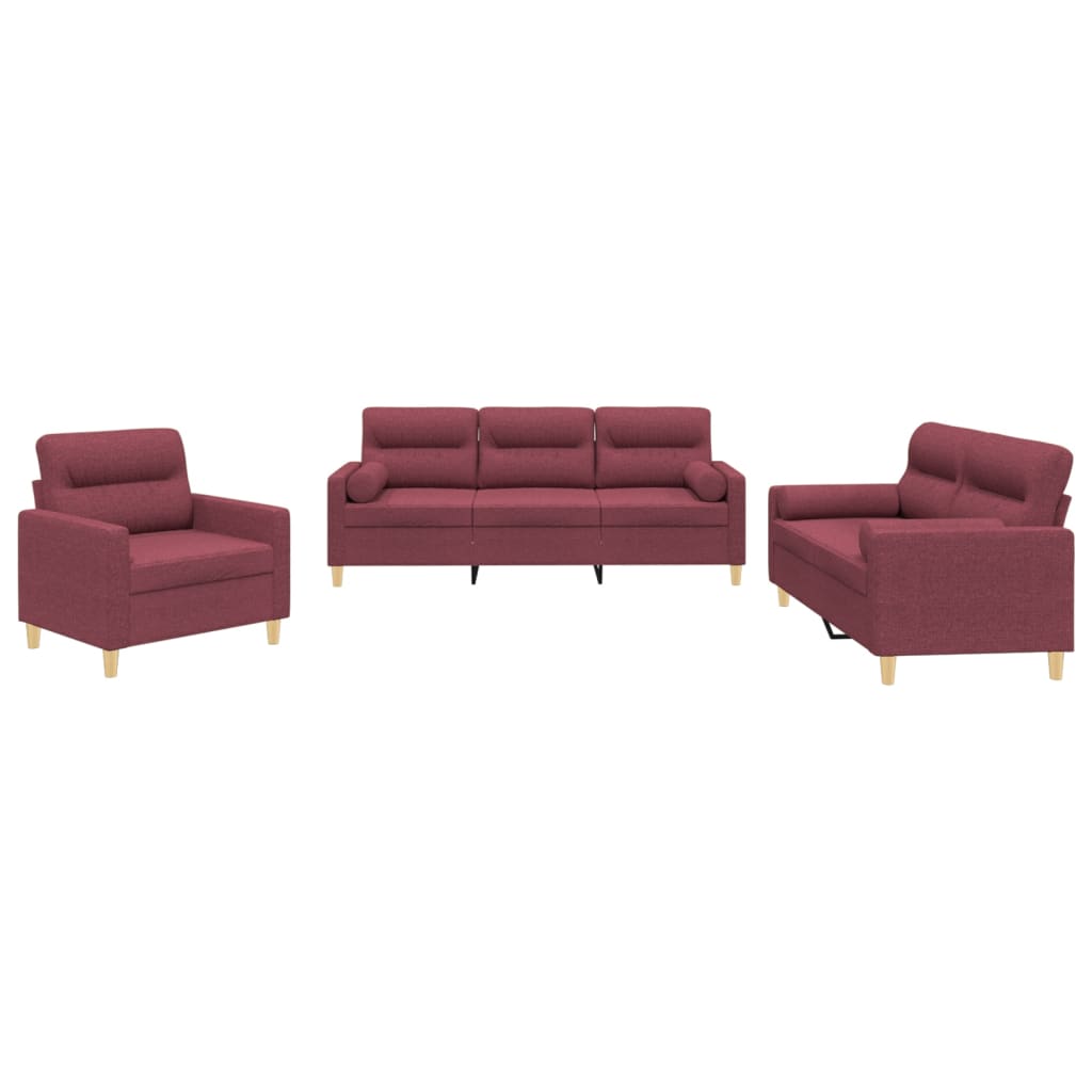 vidaXL Set canapea cu perne, 3 piese, roșu vin, material textil