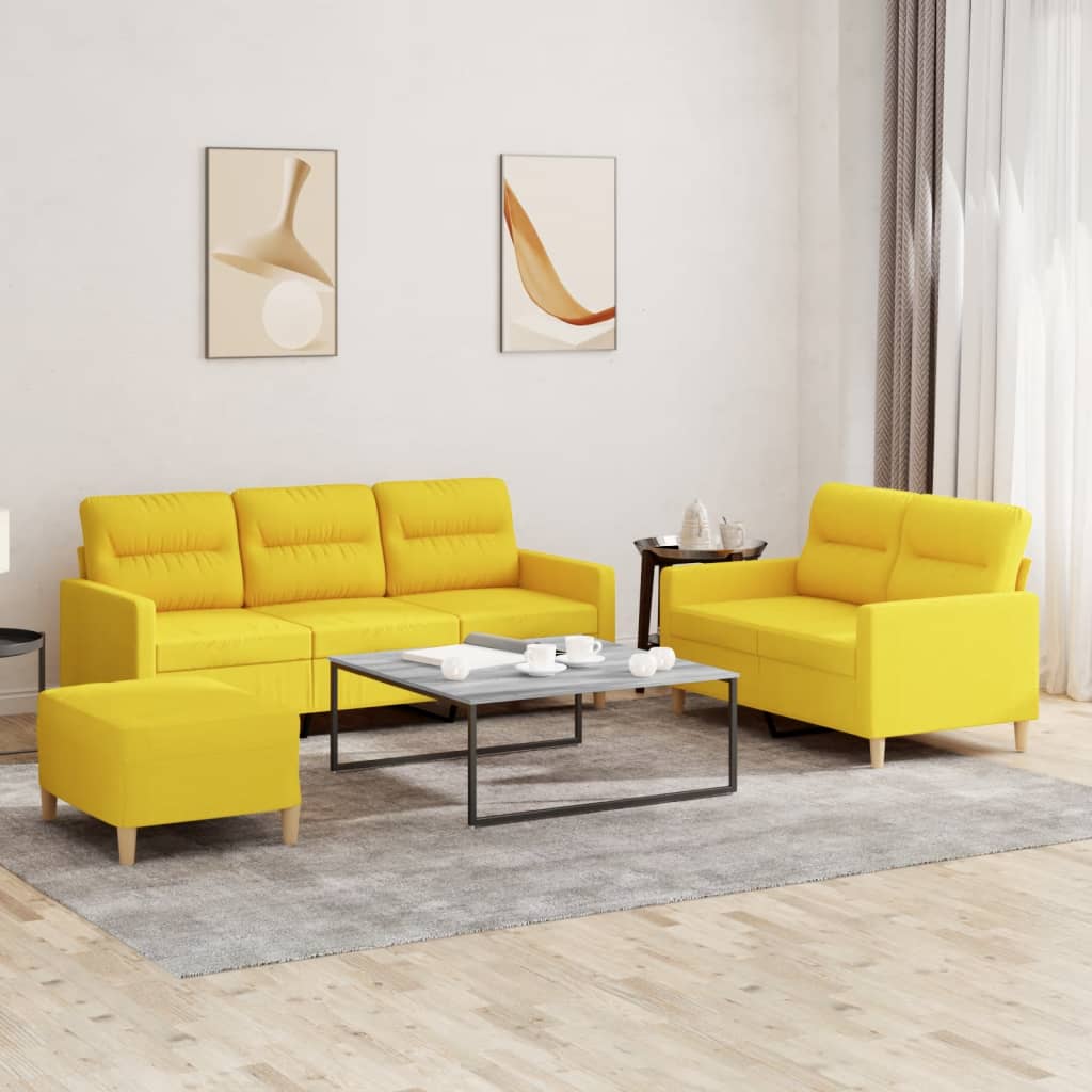 vidaXL Set de canapele cu perne, 3 piese, galben deschis, textil vidaXL Set de canapele cu perne, 3 piese, galben deschis, textil
