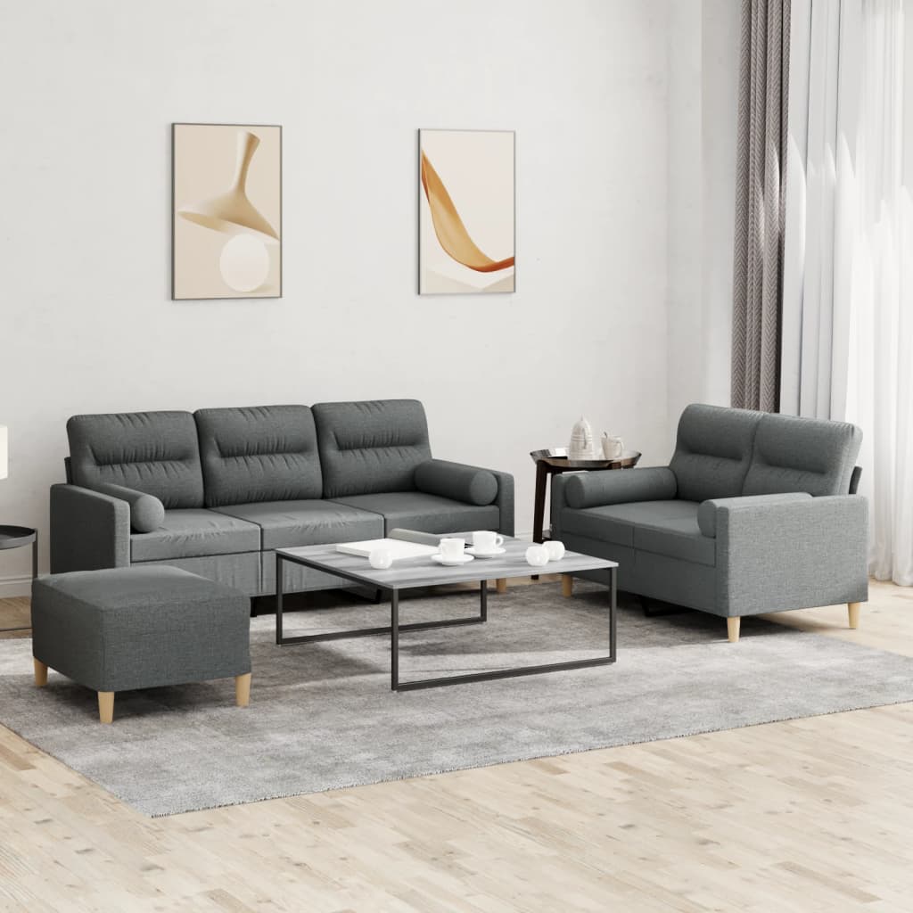 vidaXL Set de canapele cu perne, 3 piese, gri închis, textil vidaXL Set de canapele cu perne, 3 piese, gri închis, textil