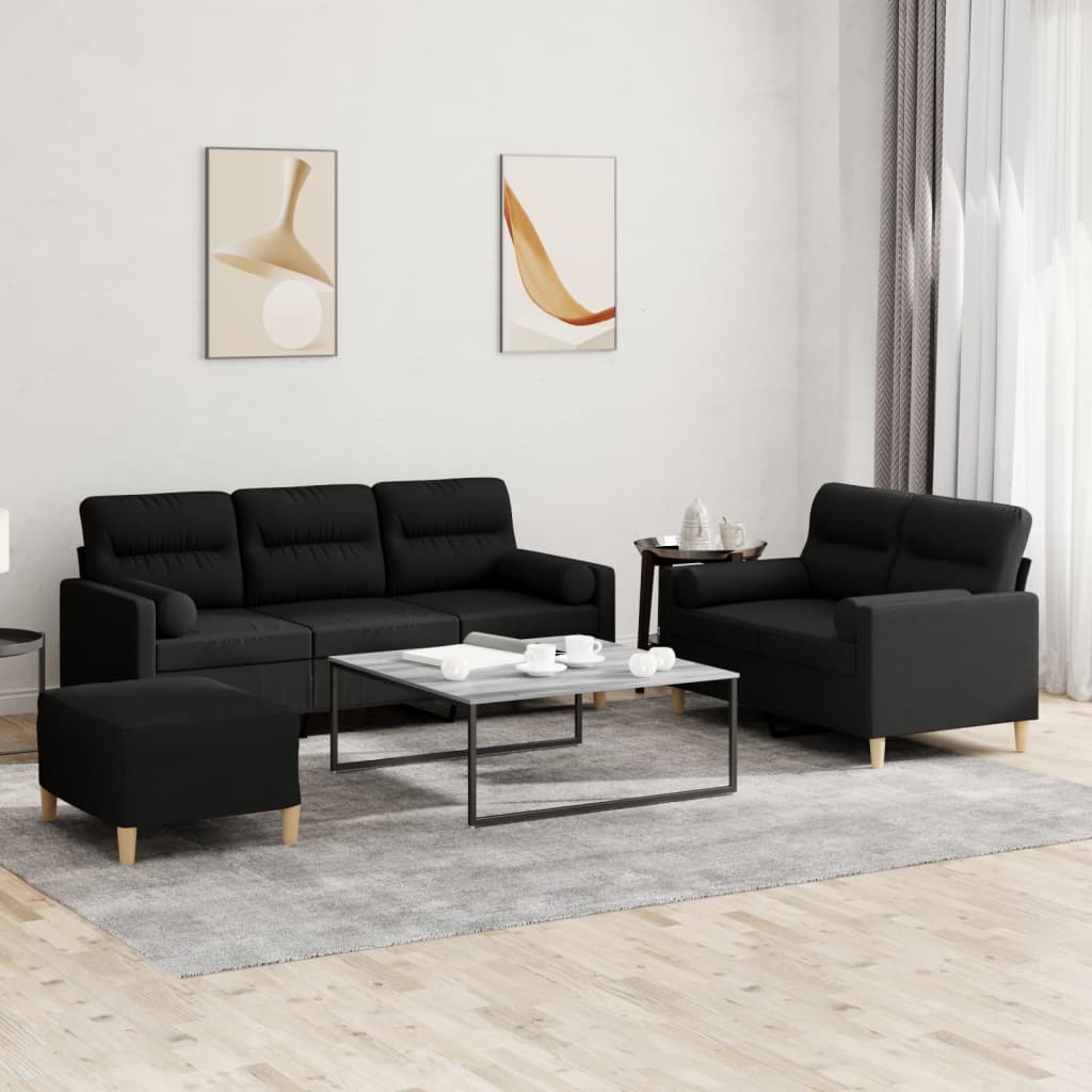 vidaXL Set de canapele cu perne, 3 piese, negru, textil vidaXL Set de canapele cu perne, 3 piese, negru, textil