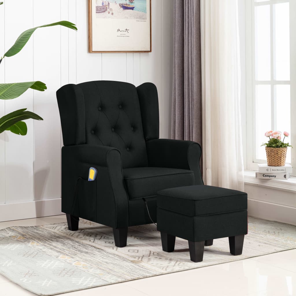 vidaXL Fotoliu de masaj cu taburet, negru, material textil vidaXL Fotoliu de masaj cu taburet, negru, material textil