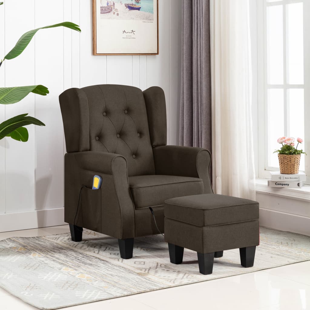 vidaXL Fotoliu de masaj cu taburet, maro, material textil vidaXL Fotoliu de masaj cu taburet, maro, material textil
