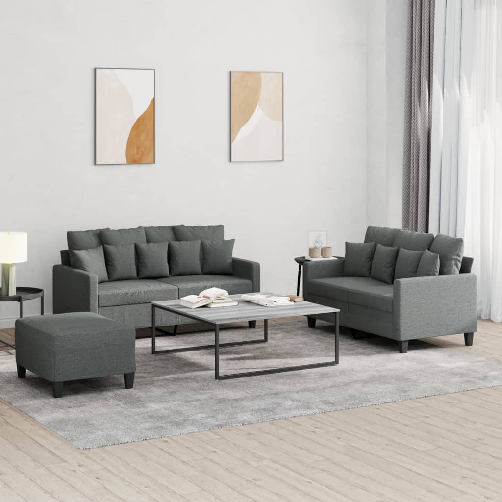vidaXL Set de canapele cu perne, 3 piese, gri închis, textil vidaXL Set de canapele cu perne, 3 piese, gri închis, textil
