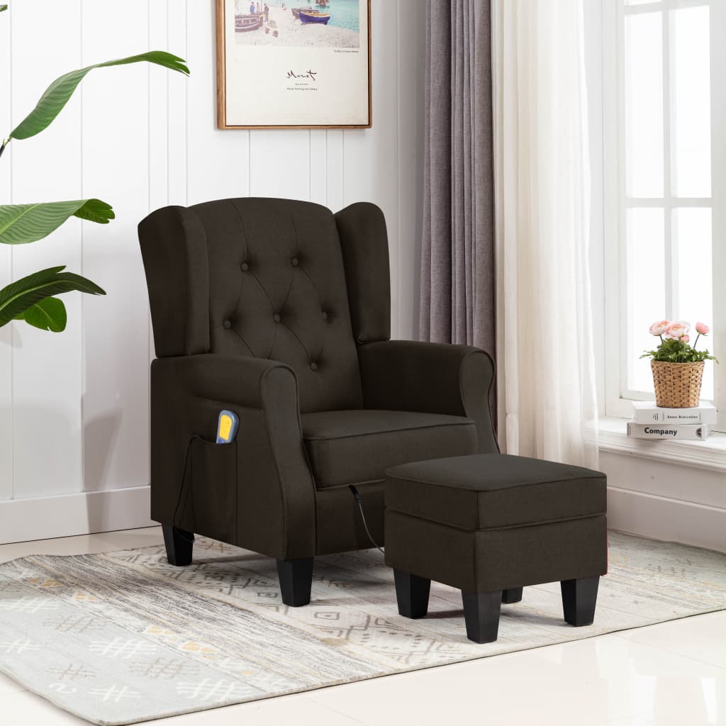 vidaXL Fotoliu de masaj cu taburet, maro închis, material textil vidaXL Fotoliu de masaj cu taburet, maro închis, material textil