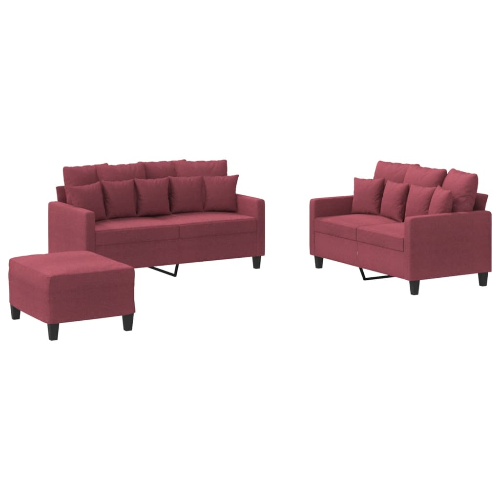 vidaXL Set canapea cu perne, 3 piese, roșu vin, material textil