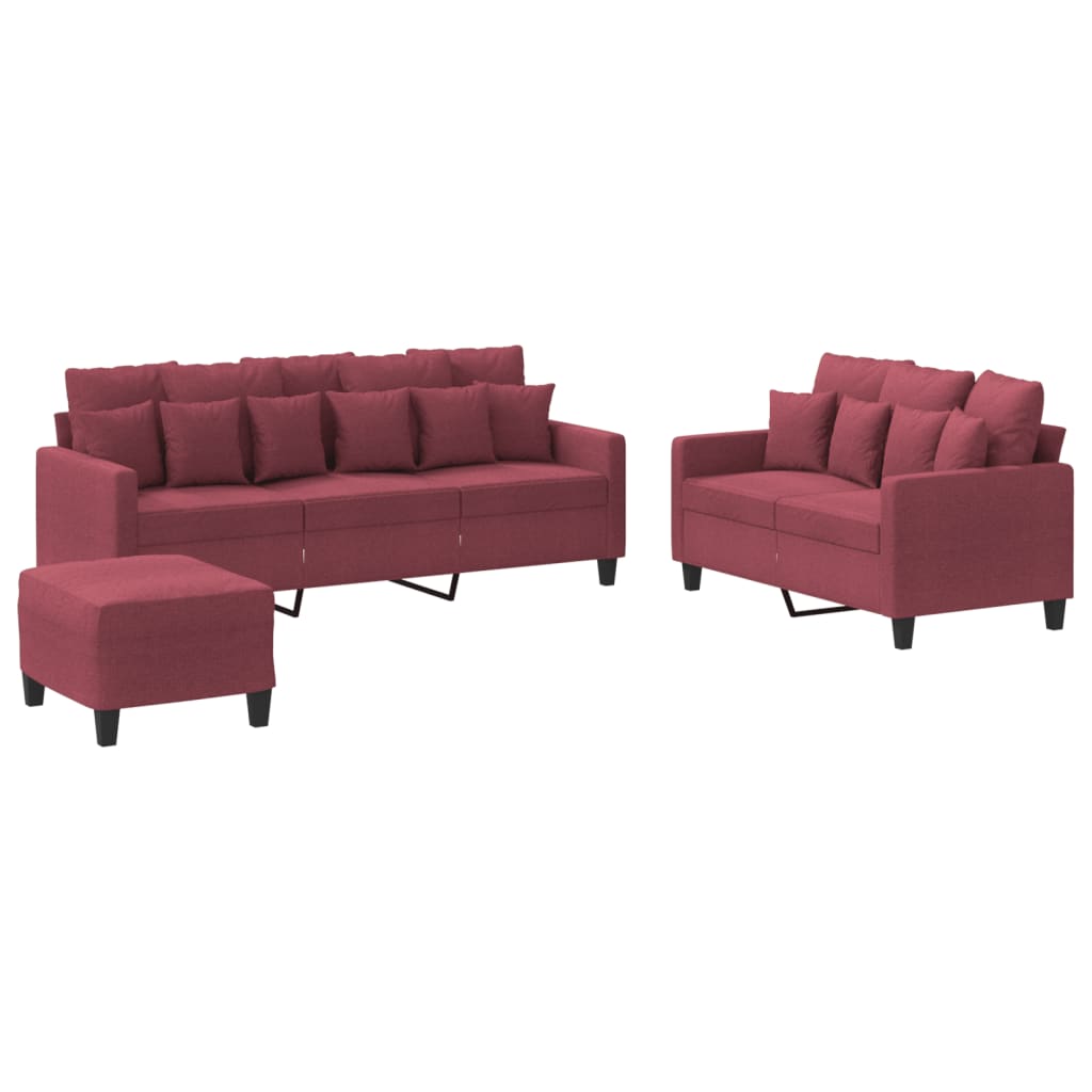 vidaXL Set canapea cu perne, 3 piese, roșu vin, material textil