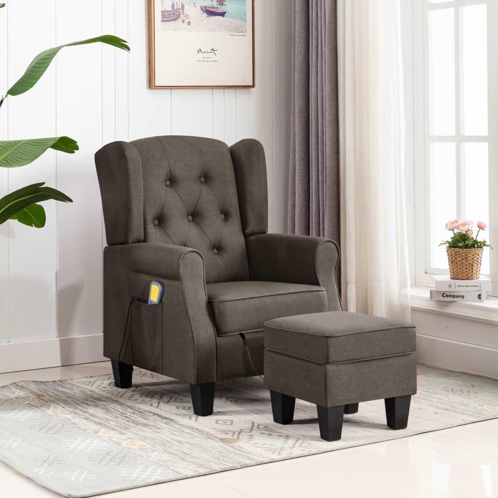 vidaXL Fotoliu de masaj cu taburet, gri taupe, material textil vidaXL Fotoliu de masaj cu taburet, gri taupe, material textil