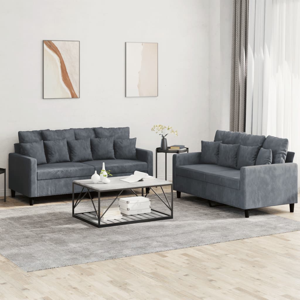 vidaXL Set de canapele cu perne, 2 piese, gri închis, catifea vidaXL Set de canapele cu perne, 2 piese, gri închis, catifea