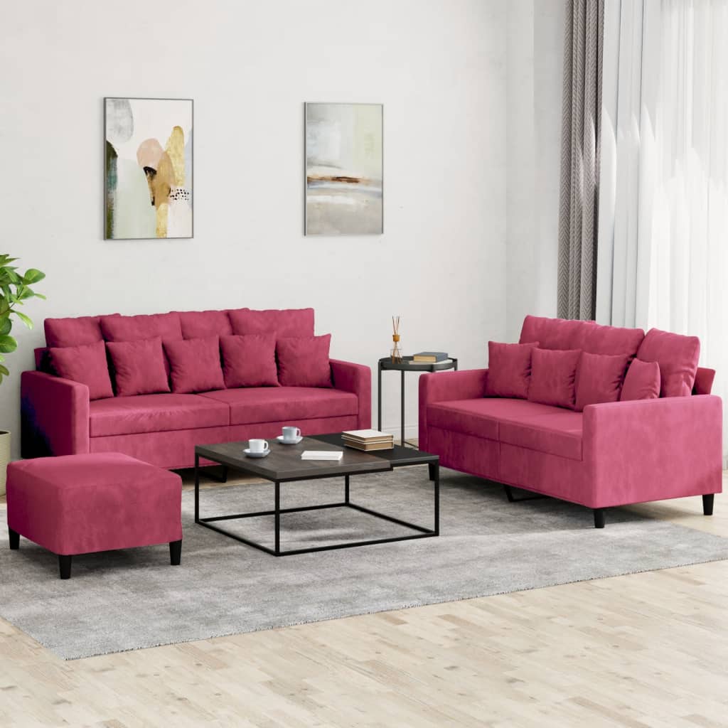 vidaXL Set canapea cu perne, 3 piese, roșu vin, catifea vidaXL Set canapea cu perne, 3 piese, roșu vin, catifea
