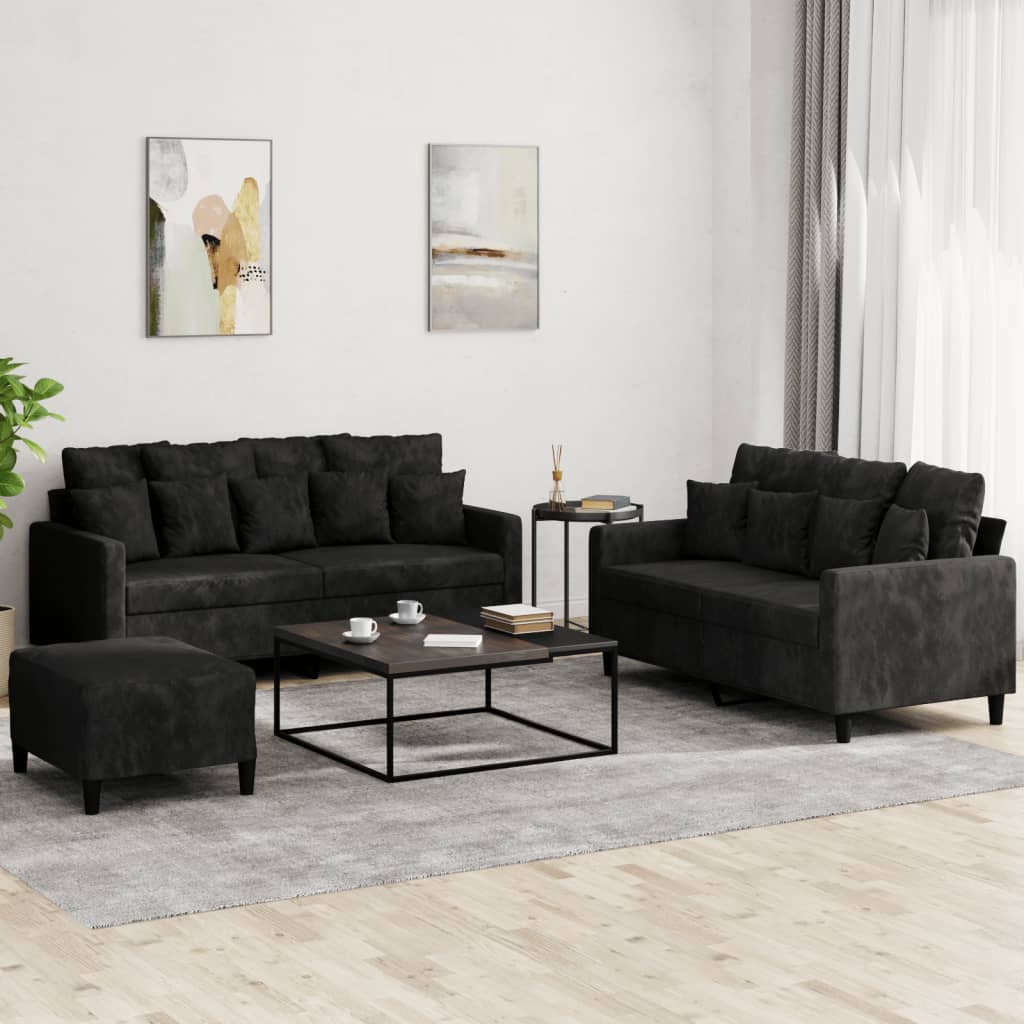 vidaXL Set de canapele cu perne, 3 piese, negru, catifea vidaXL Set de canapele cu perne, 3 piese, negru, catifea