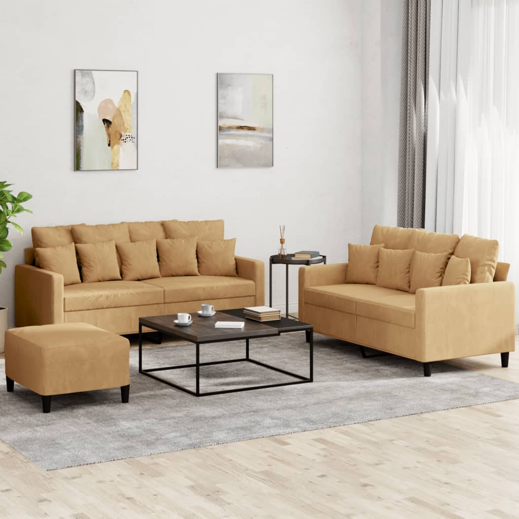 vidaXL Set de canapele cu perne, 3 piese, maro, catifea vidaXL Set de canapele cu perne, 3 piese, maro, catifea