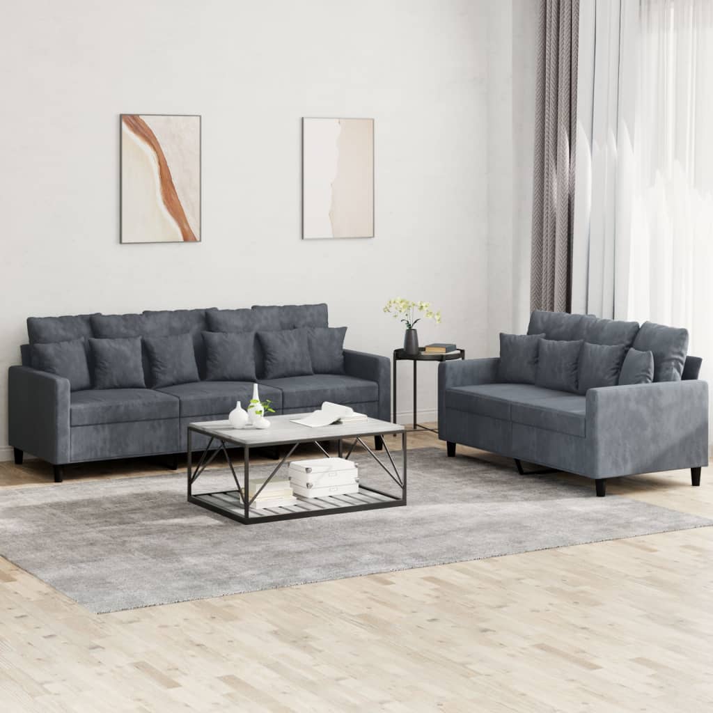 vidaXL Set de canapele cu perne, 2 piese, gri închis, catifea vidaXL Set de canapele cu perne, 2 piese, gri închis, catifea