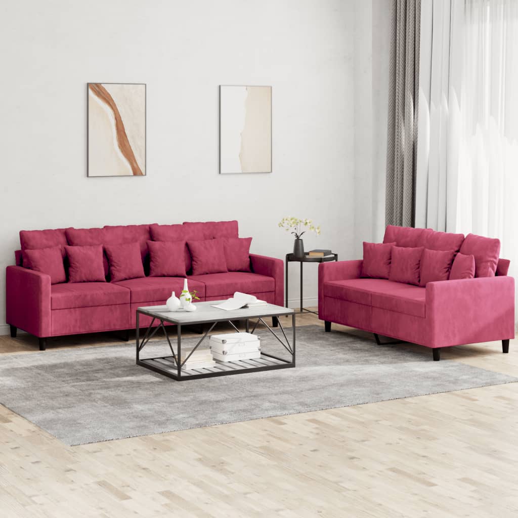 vidaXL Set canapele cu perne, 2 piese, roșu vin, catifea vidaXL Set canapele cu perne, 2 piese, roșu vin, catifea