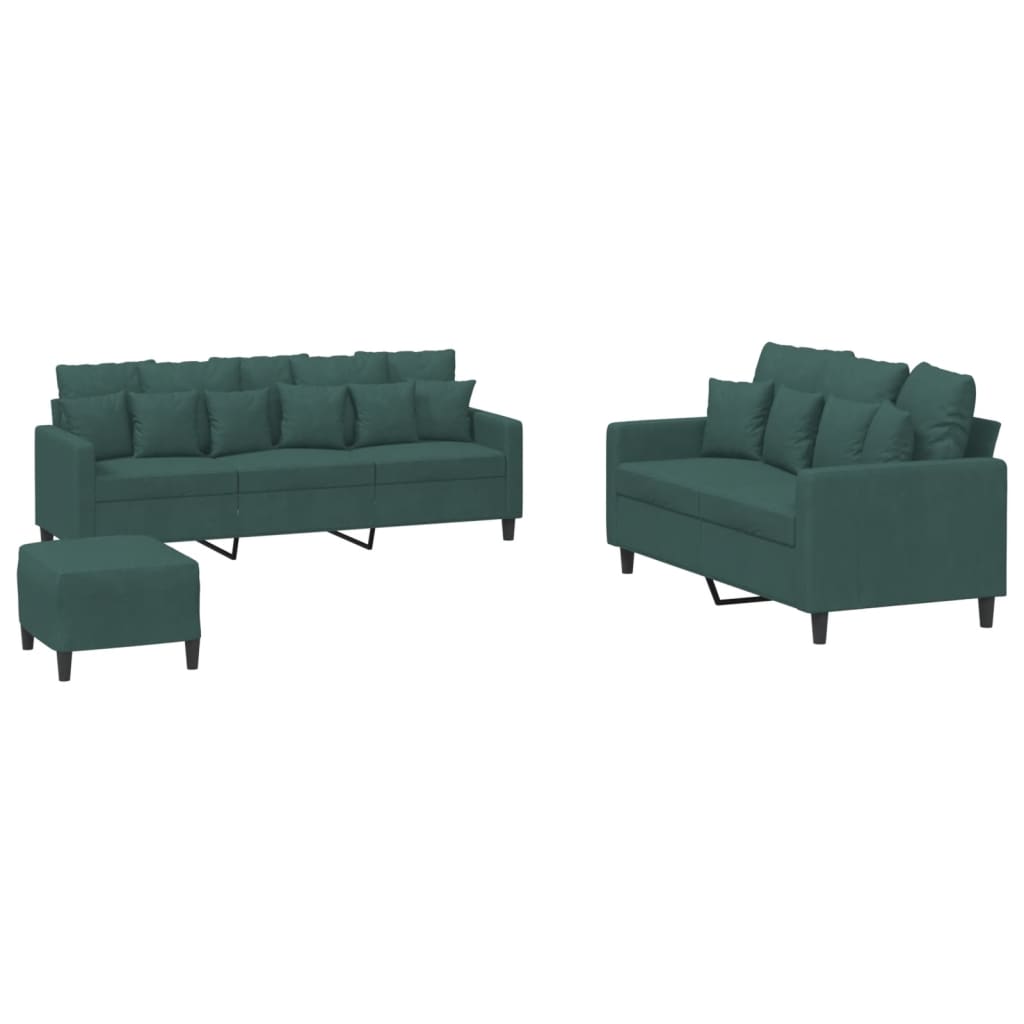 vidaXL Set de canapele cu perne, 3 piese, verde închis, catifea vidaXL Set de canapele cu perne, 3 piese, verde închis, catifea
