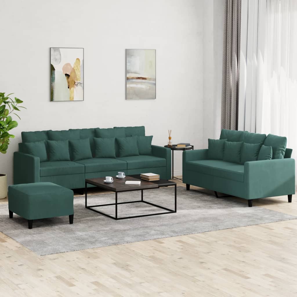 vidaXL Set de canapele cu perne, 3 piese, verde închis, catifea vidaXL Set de canapele cu perne, 3 piese, verde închis, catifea