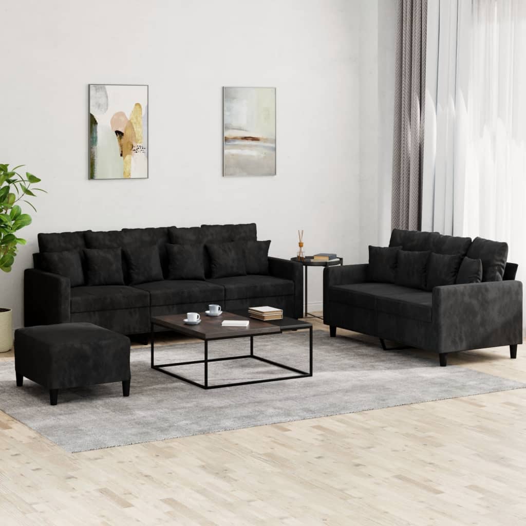 vidaXL Set de canapele cu perne, 3 piese, negru, catifea vidaXL Set de canapele cu perne, 3 piese, negru, catifea