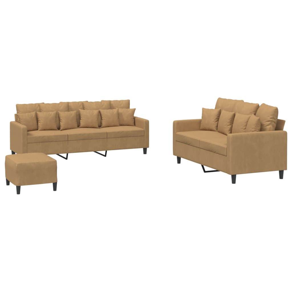 vidaXL Set de canapele cu perne, 3 piese, maro, catifea vidaXL Set de canapele cu perne, 3 piese, maro, catifea