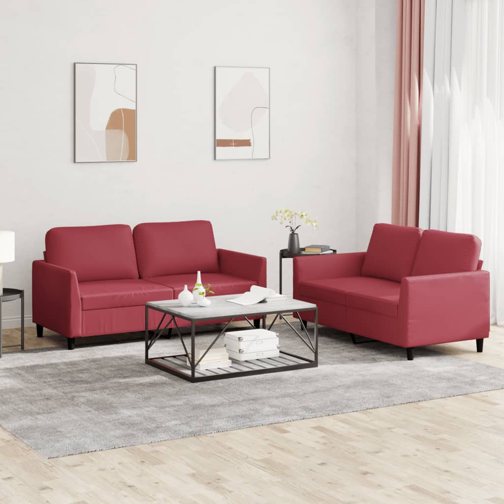 vidaXL Set de canapele cu perne, 2 piese, roșu vin, piele ecologică vidaXL Set de canapele cu perne, 2 piese, roșu vin, piele ecologică