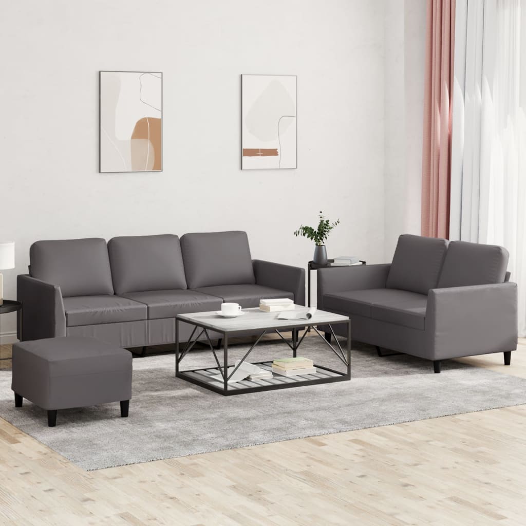 vidaXL Set de canapele cu perne, 3 piese, gri, piele ecologică vidaXL Set de canapele cu perne, 3 piese, gri, piele ecologică