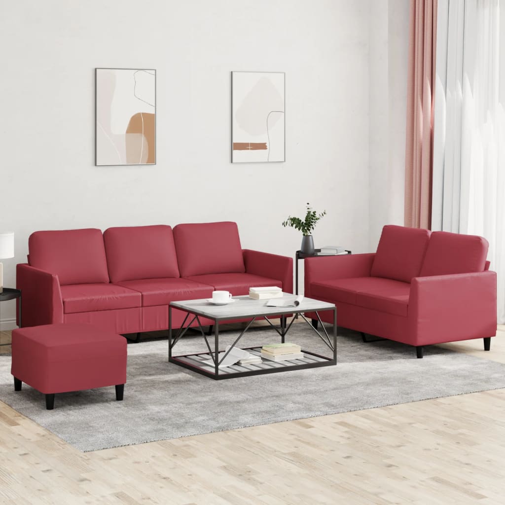 vidaXL Set de canapele cu perne, 3 piese, roșu vin, piele ecologică vidaXL Set de canapele cu perne, 3 piese, roșu vin, piele ecologică