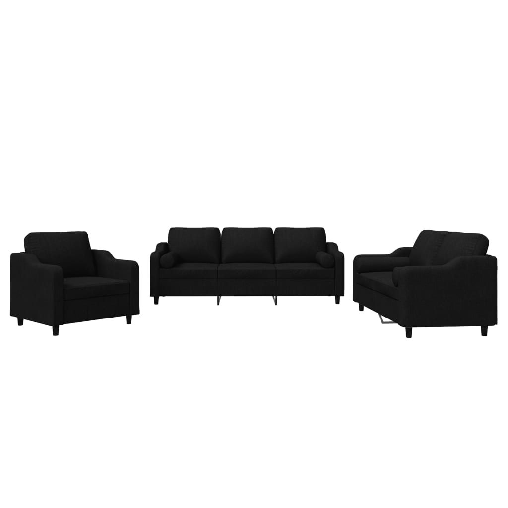 vidaXL Set de canapele cu perne, 3 piese, negru, textil