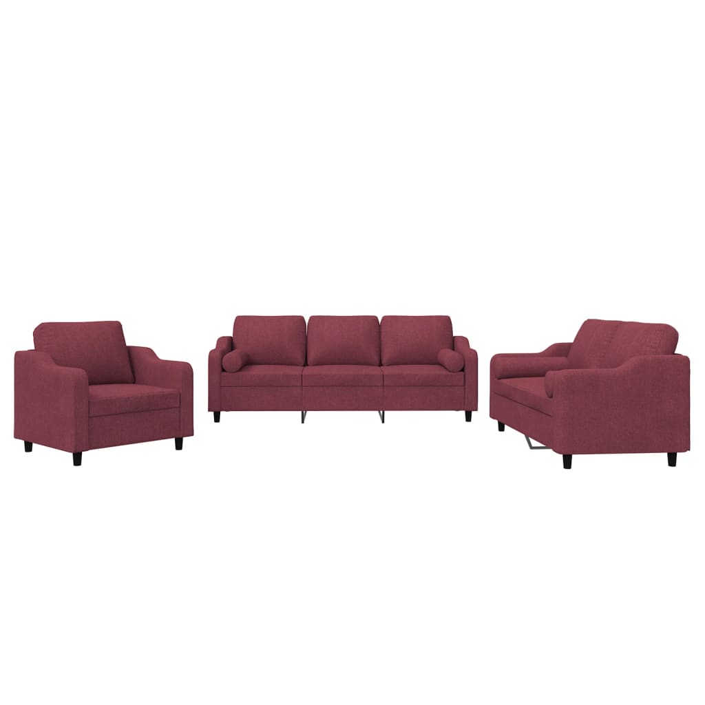 vidaXL Set canapea cu perne, 3 piese, roșu vin, material textil