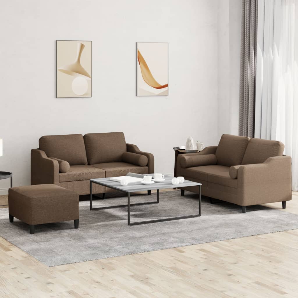 vidaXL Set de canapele cu perne, 3 piese, maro, textil vidaXL Set de canapele cu perne, 3 piese, maro, textil