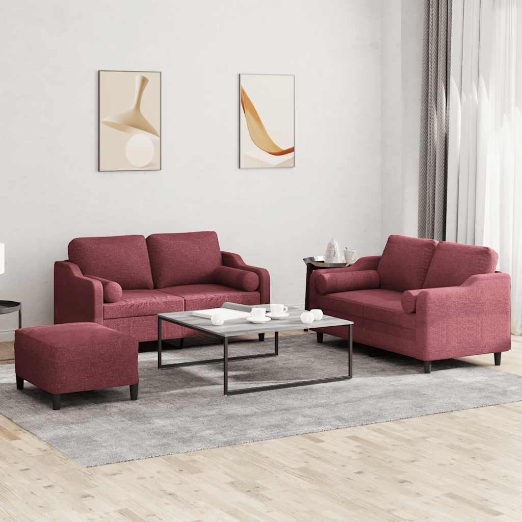 vidaXL Set canapea cu perne, 3 piese, roșu vin, material textil