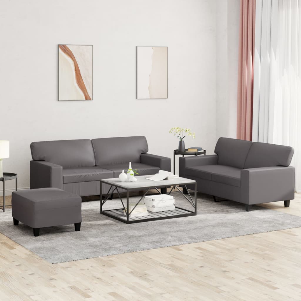 vidaXL Set de canapele, 3 piese, gri, piele ecologică vidaXL Set de canapele, 3 piese, gri, piele ecologică
