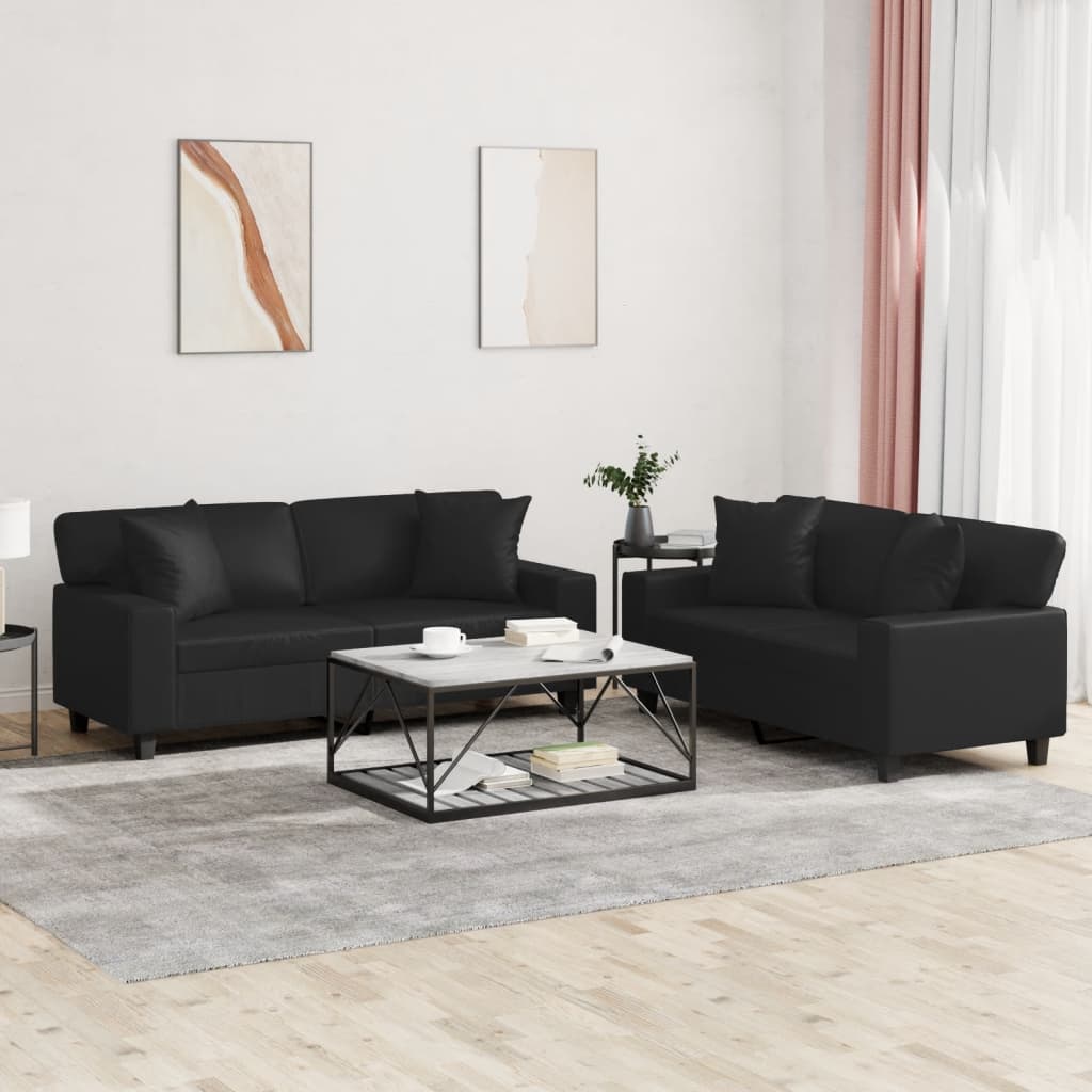 vidaXL Set de canapele cu perne, 2 piese, negru, piele ecologică vidaXL Set de canapele cu perne, 2 piese, negru, piele ecologică
