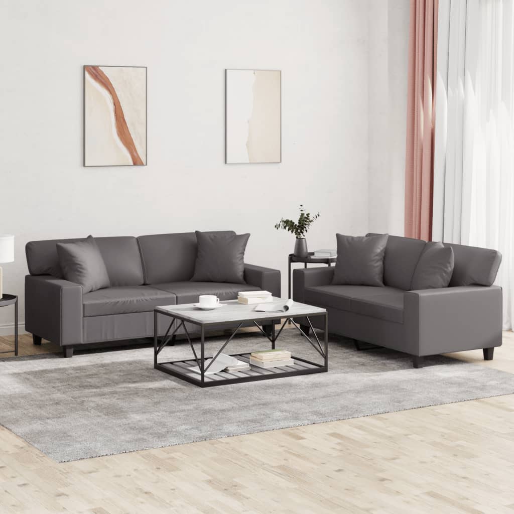 vidaXL Set de canapele cu perne, 2 piese, gri, piele ecologică vidaXL Set de canapele cu perne, 2 piese, gri, piele ecologică