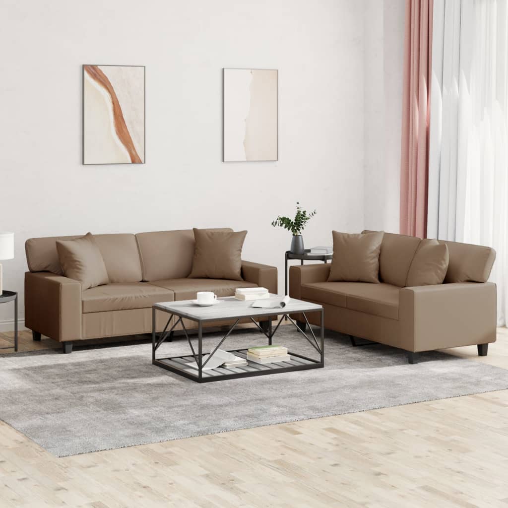 vidaXL Set de canapele cu perne, 2 piese, cappuccino, piele ecologică vidaXL Set de canapele cu perne, 2 piese, cappuccino, piele ecologică