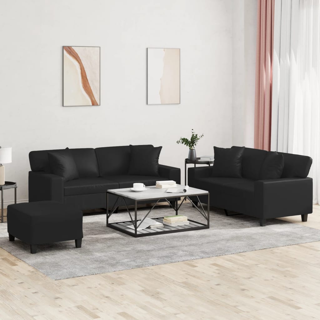 vidaXL Set de canapele cu perne, 3 piese, negru, piele ecologică vidaXL Set de canapele cu perne, 3 piese, negru, piele ecologică