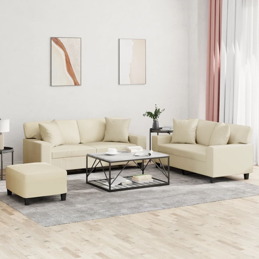 vidaXL Set de canapele cu perne, 3 piese, crem, piele ecologică vidaXL Set de canapele cu perne, 3 piese, crem, piele ecologică