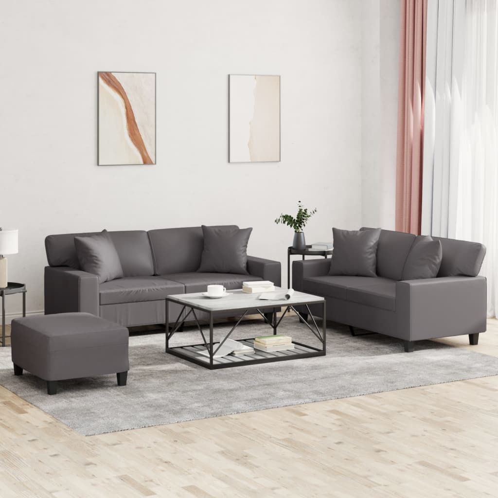 vidaXL Set de canapele cu perne, 3 piese, gri, piele ecologică vidaXL Set de canapele cu perne, 3 piese, gri, piele ecologică
