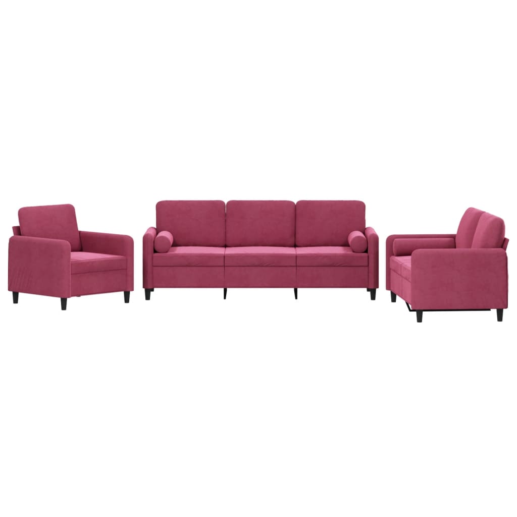 vidaXL Set canapele cu perne, 3 piese, roșu vin, catifea