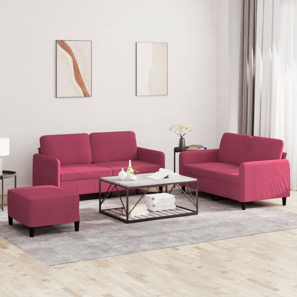 vidaXL Set de canapea, 3 piese, roșu vin, catifea